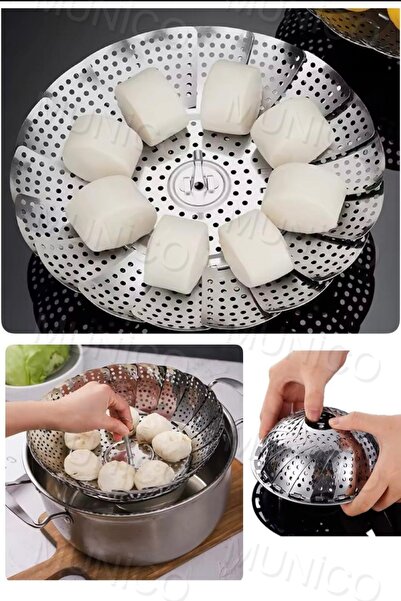 Munico Katlanır Bulaşık Buhar Paslanmaz Çelik Gıda Sepeti Örgü Sebze Buharlı Pişirici Vapur Genişletilen