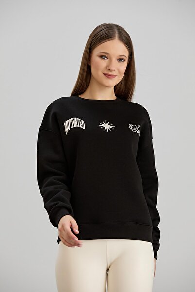 Sortie Women's Black Color Sun Printed Crew Neck Midi Length Three Thread Sweat Black