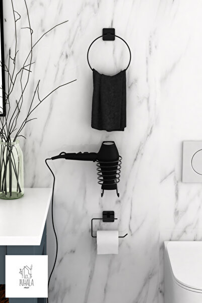 Genel Markalar Yapışkanlı 3 lü Siyah Fön Makinesi Askısı Wc Tuvalet Kağıtlık ...