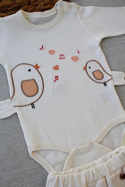 Ecenaz 3-6 6-9 9-12 Months Singer Birds Embroidered Bandana Long Sleeve Bodysuit 3 Piece Baby Girl Set Ecru