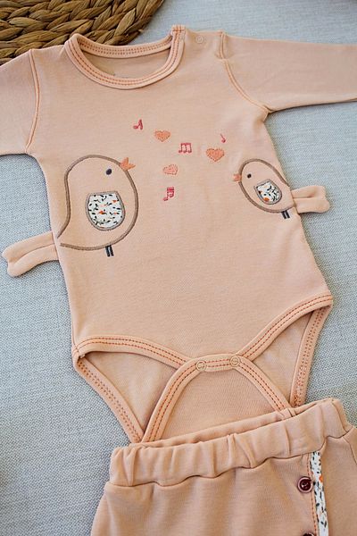 Ecenaz 3-6 6-9 9-12 Months Singer Birds Embroidered Bandana Long Sleeve Bodysuit 3 Piece Baby Girl Set Wheat