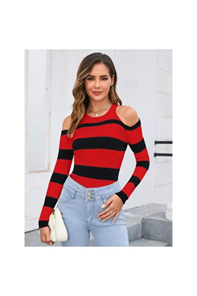 JANES Kadın Uzun Kollu Bisiklet Yaka Omuzları Açık Triko Bluz