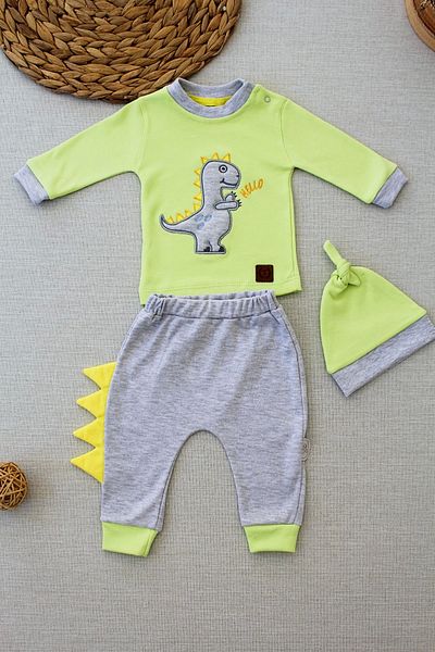 Ecenaz 3-6 6-9 9-12 Months Little Dino Embroidered Hat Long Sleeve Sweat 3 Piece Baby Girl-Boy Set Green