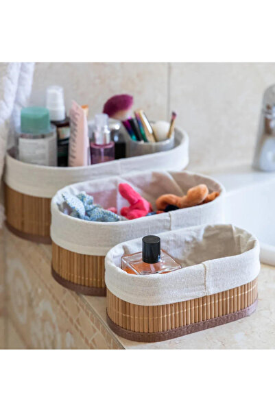 Sensoria Bambu Hasır Organizer 3'Lü Banyo Ev ve Makyaj Organizeri Oval