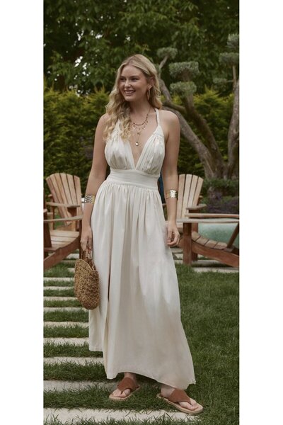 FASHION COCKTAIL Helenistik Keten Sırt Dekolte Örgü Bağlamalı Yırtmaçsız Astarlı Yazlık Bohem Uzun Maxi Elbise 2025