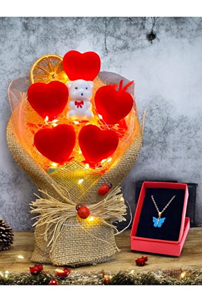 MEGA KANYON Led Işıklı Kırmızı Kalpler ve Ayıcık Buket Aranjmanı & Papatya Kolye