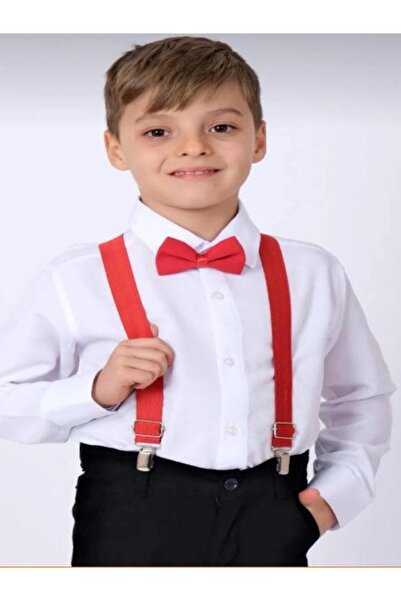 Nacar Erkek Çocuk Uzun Kollu Beyaz Gömlek, Papyon ve Salopet Askı 3'lü Takım