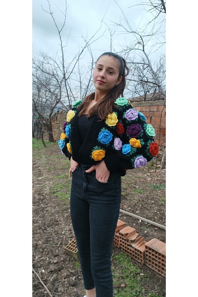 EL ÖRGÜSÜ CİCİ BEBE سترة صوفية محبوكة يدويًا باللون الأسود الوردي