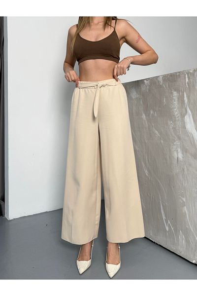 COMBİNE MİCHAİL Pantaloni Palazzo de damă cu centură din lycra, bej, cu talie elastică