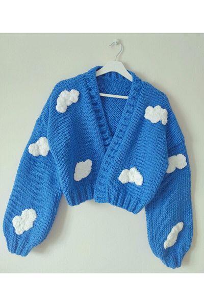 angora handmade Cardigan pentru femei cu model de nor, jachetă tricotată manual cu model 3D, model de nor în relief tridimensional, crop supradimensionat