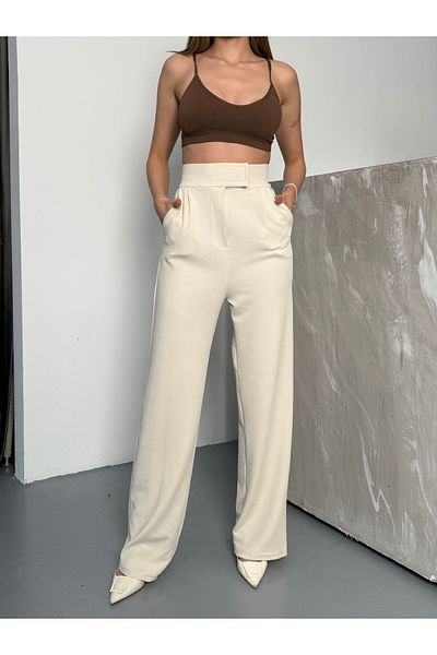 COMBİNE MİCHAİL Pantaloni Palazzo de damă Beige Line Lycra cu închidere velcro