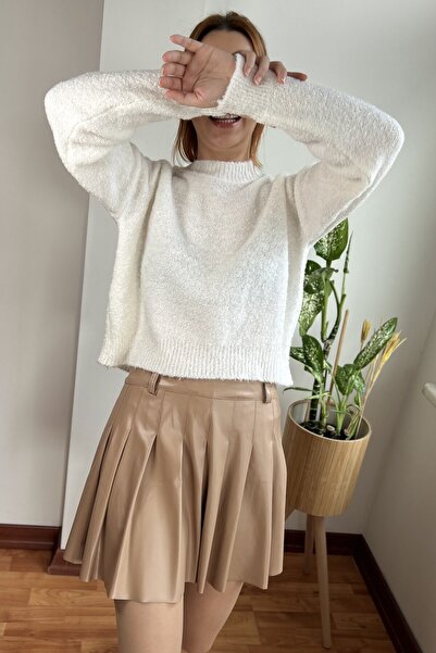 MADAMMERY Fusta mini din piele plisata CULOARE BEJ