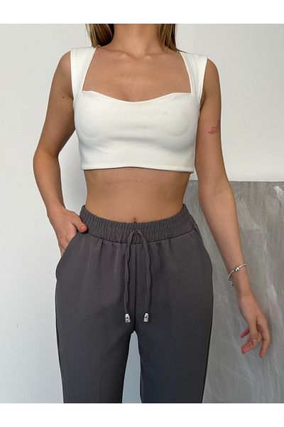 COMBİNE MİCHAİL Pantaloni Palazzo afumati cu șnur din Lycra pentru femei, cu talie elastică