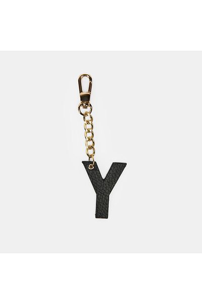 Desa Letter Y Black Genuine Leather Charm Keychain