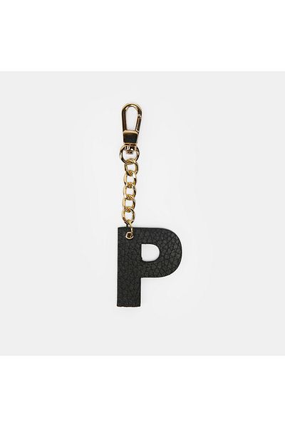 Desa Letter P Black Genuine Leather Charm Keychain