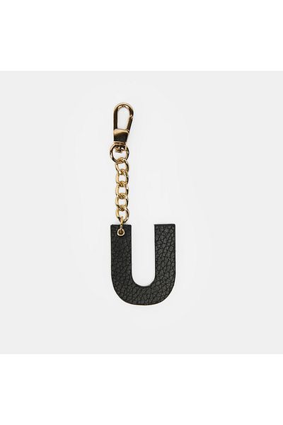 Desa Letter U Black Genuine Leather Charm Keychain