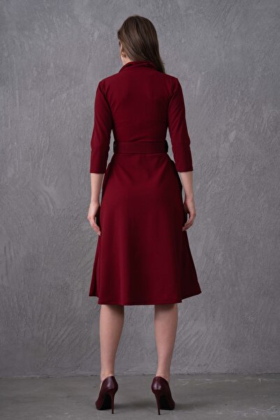 WOMAN VISION Kadın Kruvaze Yaka 3/4 Kol Yandan Cepli Kemer Hediyeli Kloş Kesim Midi Boy Bordo Elbise 020