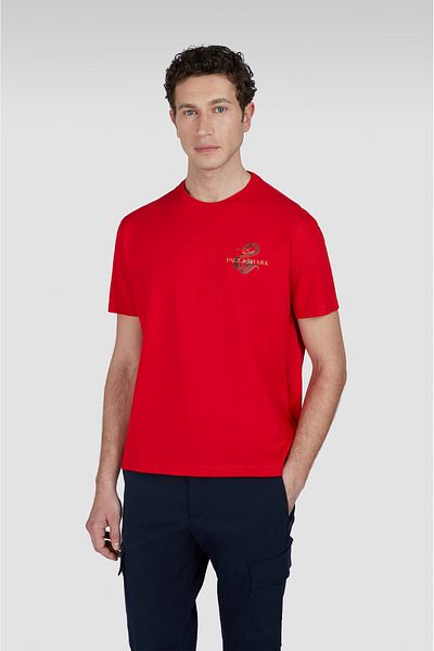 PAUL&SHARK Men's Red Graphic Print Cotton Round Neck T-Shirt - 25411101 -577