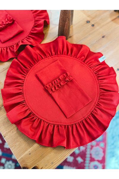 KaiHome 6-Piece Red Dak Linen - Ruffle Detailed Round American Service