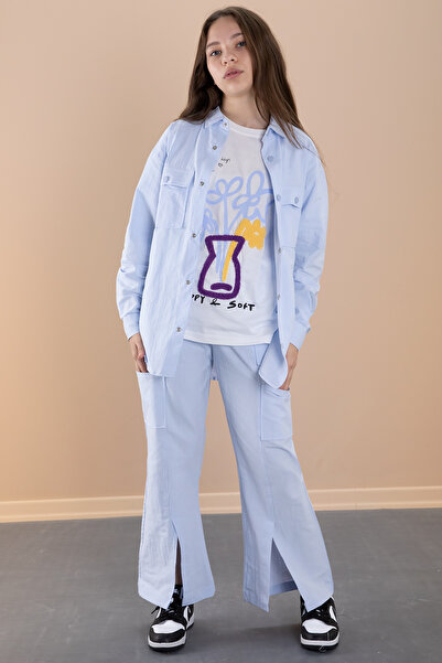 Cansın Mini Синя жіноча сорочка з квітковим принтом, штани для бігу 3 шт. комплект 20473