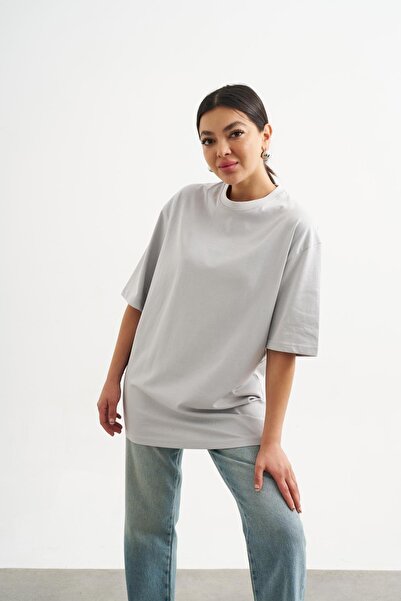 Askı Nişantaşı Light Gray Crew Neck Oversize Basic T-shirt