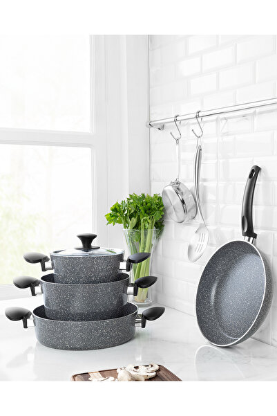 Madame Coco Gordes Granite Look 7 Parça Tencere Seti - Gri