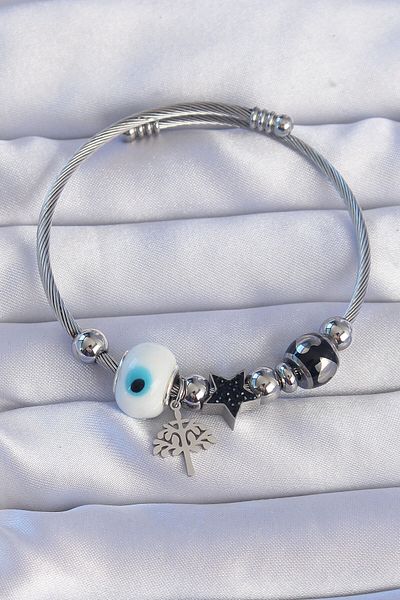 Mu Art Ahşap 316L Steel Silver Color Black Zircon Stone Star Design Tree Detail Evil Eye Charm Bracelet