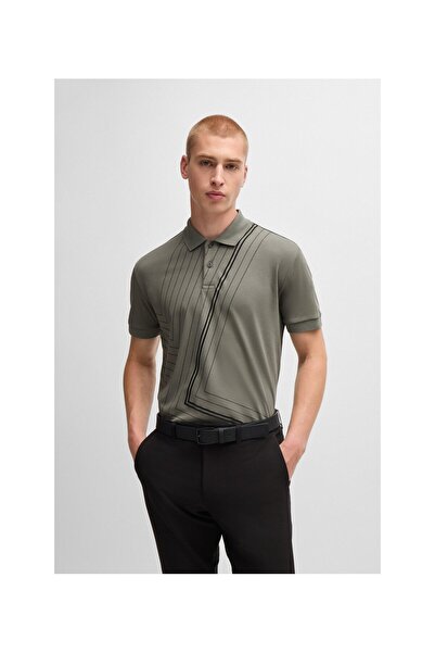 BOSS İnce çizgili desenli pamuklu interlok kumaştan polo yaka tişört