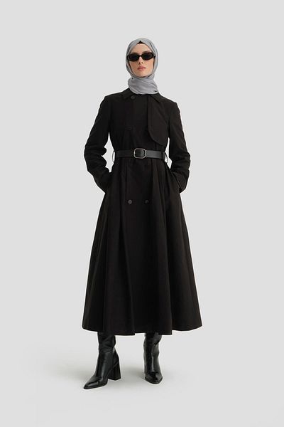 Armine Black Top Coat - Pleated and Belted, 24K8002 Model
