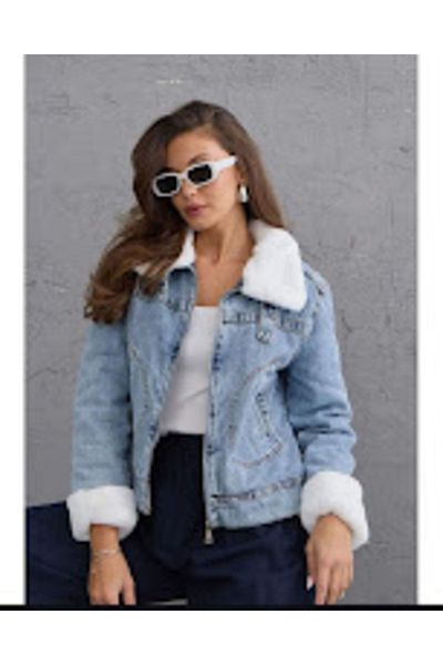 Coşkun Giyim Gökay Kuvaz Palton de damă din denim cu blană - cu cusături de buzunar, ENTR2409
