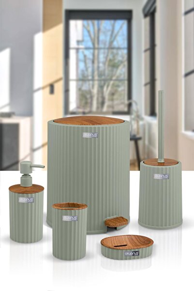 Okyanus Home Σετ μπάνιου Coliseum Green Ξύλινο Σχέδιο 5 τεμαχίων με κουβά και πεντάλ