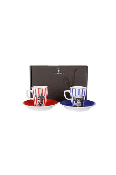 Porland Monkey-Giraffe Patterned Coffee Set for 2 People - 80cc