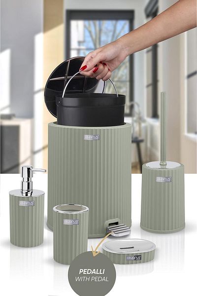 Okyanus Home Σετ μπάνιου Coliseum Green Chrome 5 τεμαχίων με εσωτερικό κάδο και πεντάλ