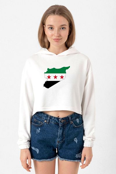 Tshirthane Ecru Women's Crop Hoodie - New Syrian Flag Design