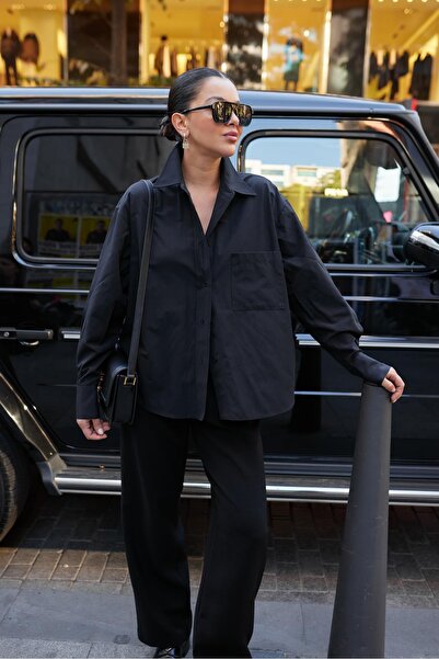 Askı Nişantaşı Black Single Pocket Poplin Shirt