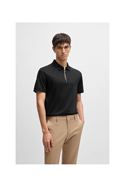 BOSS Erkek Polo Yaka Fermuar Kapamalı Logolu Kısa Kol Siyah Polo Yaka T-Shirt...