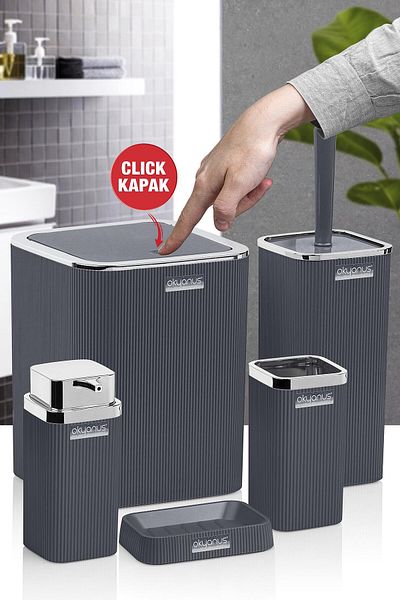 Okyanus Home Σετ μπάνιου Stella Anthracite Chrome ριγέ τετράγωνο 5 τεμαχίων