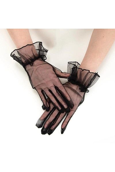 Mu Art Short Size Lycra Laced Adult Tulle Gloves Black Color