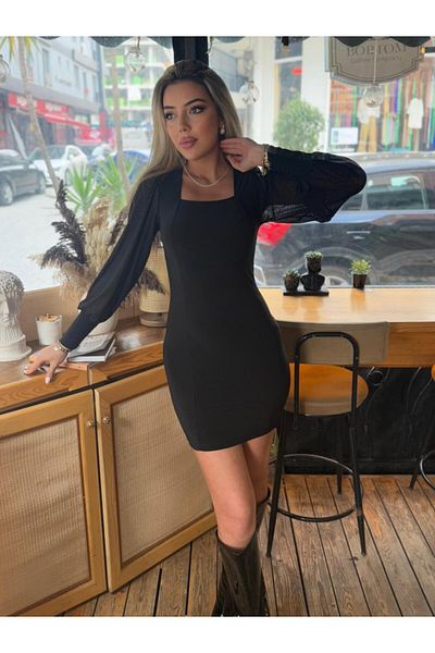 Viyamo Femei Guler pătrat Mâneci Tulle Sandy Fabric Produs de oportunitate Mini rochie neagră