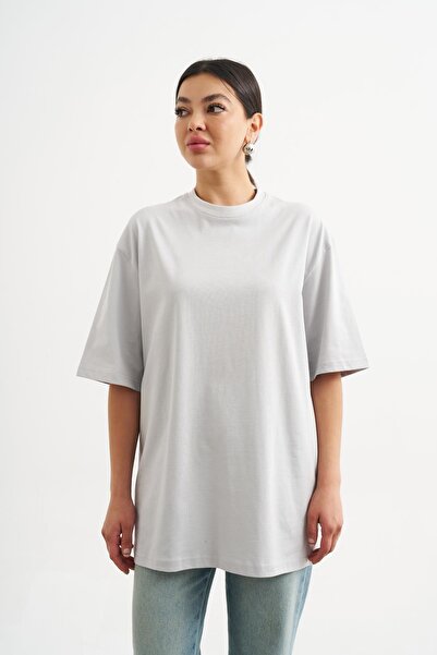 Askı Nişantaşı Light Gray Crew Neck Oversize Basic T-shirt