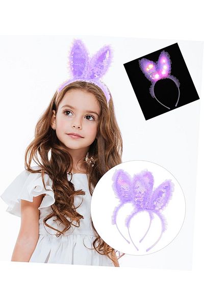 Take and Happy Purple Sequined LED Lighted Rabbit Ear Crown with Lace Edges 23x19 Cm