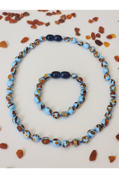 Kehribar Sarayı Mosaic Blue Amber Children's Necklace Bracelet Set