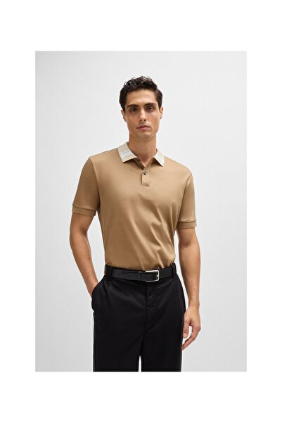 BOSS Yakası şeritli merserize pamuklu dar kesim polo yaka tişört