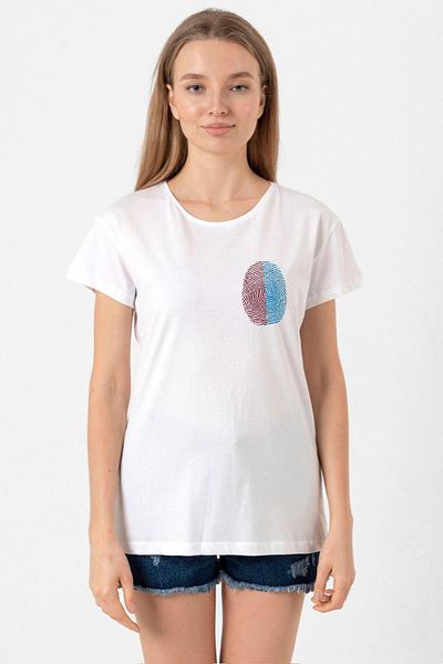 Tshirthane Burgundy Blue Fingerprint White Women's Bicycle Collar T-Shirt