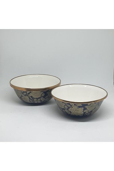 Avşar Enamel House 14 cm Dark Blue Rose 3-Piece Enamel Bowl Soup Plate Snack Bowl