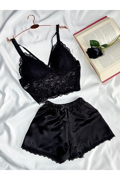 Butik Güpür Dantel İşleme Saten Mix Şortlu Pijama Takımı