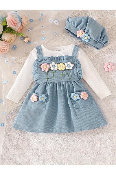 Modakido *Üçlü Kombin*Mavi Çiçekli Kadife Elbise ,Mavi Şapka ve Beyaz Kazak Kış/Sonbahar Kız Bebek/ Kız Çocuk