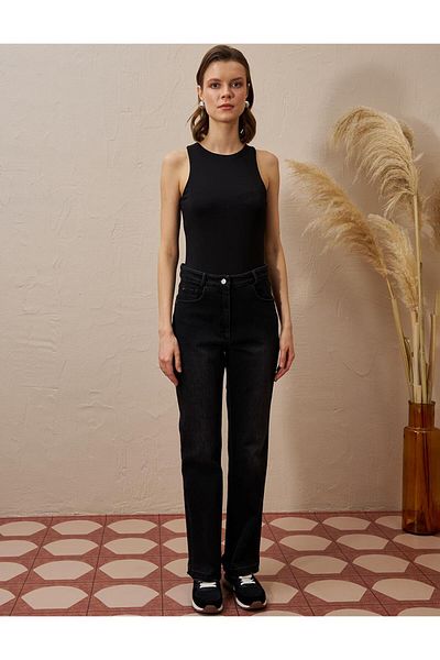 Kayra High Waist Marine Straight Black Denim Trousers