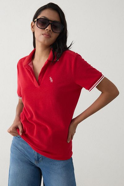 Setre Red Collar and Stripe Detailed Terry Fabric T-Shirt