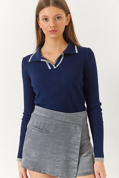 Bianco Lucci Damen-Polokragen, gerippt, gestreift, detaillierte saisonale Langarm-Strickbluse 60261446
